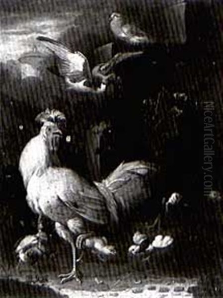 Cockerels With Chicks With A Pair Of Doves In A Landscale - view 1