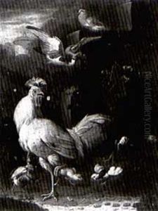 Cockerels With Chicks With A Pair Of Doves In A Landscale Cockerels With Chicks With A Pair Of Doves In A Landscale