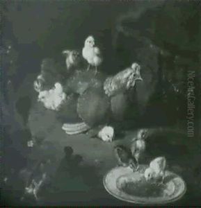 Une Poule Accompagnee De Dix Poussins by Melchior de Hondecoeter