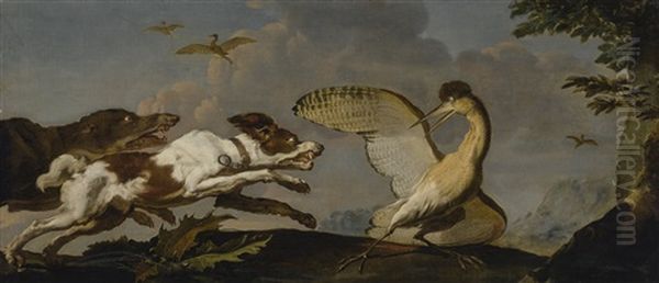 Two Hounds Chasing A Wounded Bittern - view 1