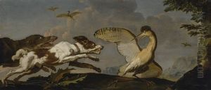 Two Hounds Chasing A Wounded Bittern by Abraham Danielsz. Hondius
