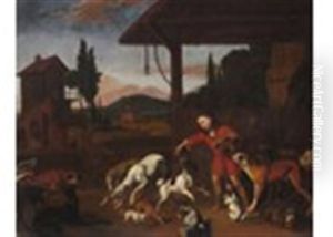 A Boy Feeding Numerous Dogs By A Barn, A Woman And A Child Beyond A Boy Feeding Numerous Dogs By A Barn, A Woman And A Child Beyond