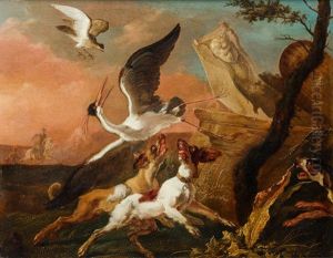 Jagdhunde Und Ein Greifvogel Jagen Einen Reiher
