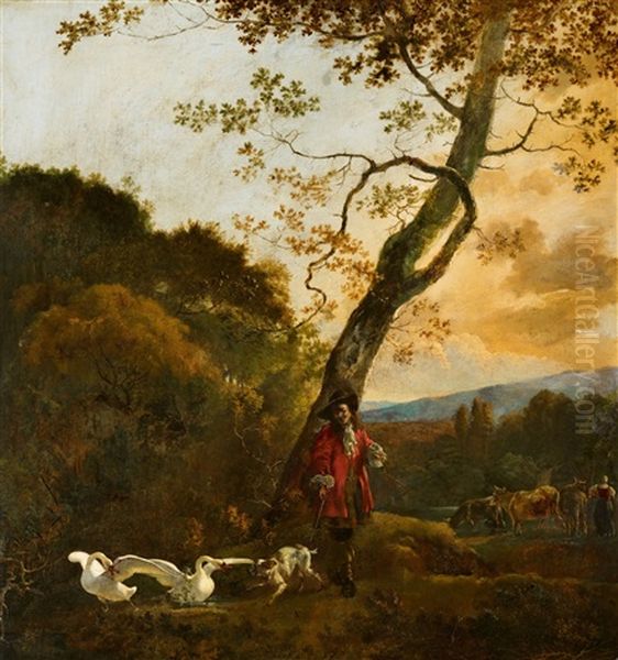 Hunter With A Dog Attacking Two Swans - view 1
