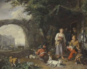 A Sportsman Offered Refreshment Outside An Inn While His Dogs Rest After A Hunt by Abraham Danielsz. Hondius