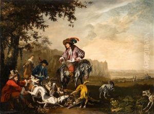 An Italianate Landscape With An Elegant Hunting Party by Abraham Danielsz. Hondius
