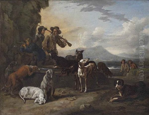 A Hunting Party With Dogs Resting By A Well In A Landscape - view 1