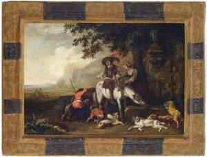Jager Rasten Mit Ihren Hunden An Einem Brunnen by Abraham Danielsz. Hondius