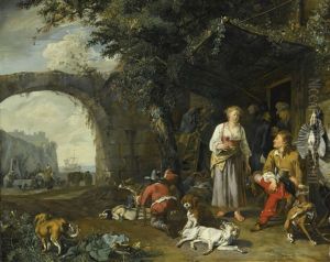 Sportsman Offered Refreshment Outside An Inn While His Dogs Rest After The Hunt by Abraham Danielsz. Hondius