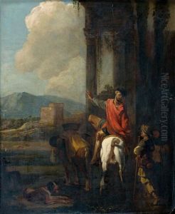Homme A Cheval Saluant Un Pelerin