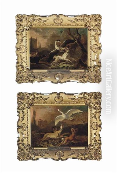 Hounds Attacking A Heron In An Italianate Landscape With Classical Ruins And Hounds Chasing A Goose In An Italianate Landscape... (2 Works) - view 1