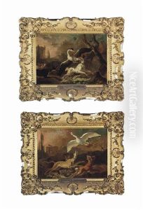 Hounds Attacking A Heron In An Italianate Landscape With Classical Ruins And Hounds Chasing A Goose In An Italianate Landscape... (2 Works) by Abraham Danielsz. Hondius