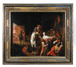 A Maid Enticing A Traveller With A Violin To Enter A Tavern, A Party Beyond by Abraham Danielsz. Hondius