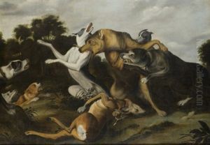 Scena Di Caccia Con Lupo Attaccato Da Cani (hunting Scene With A Wolf Assailed By Dogs) by Abraham Danielsz. Hondius