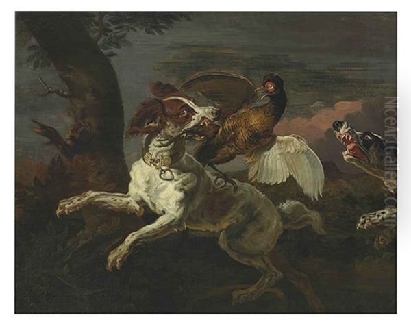 A Spaniel Attacking A Pheasant - view 1