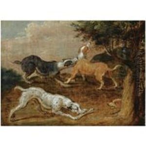 Four Hounds In A Wooded Landscape by Abraham Danielsz. Hondius