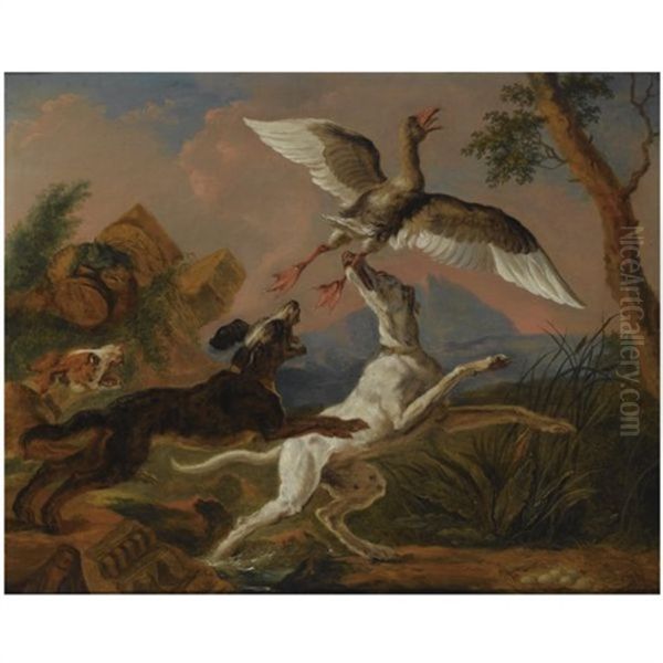 Three Hounds Chasing A Nesting Wild Goose In A Hilly Landscape - view 1