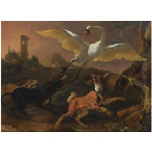 Three Hounds Chasing A Swan In A Landscape, A View Of A Ruin Beyond by Abraham Danielsz. Hondius