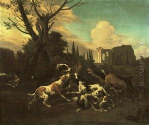 Hounds Attacking A Boar In A Wooded Landscape by Abraham Danielsz. Hondius
