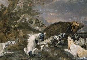 Hounds Attacking A Boar In A River Landscape (also Attributed To Pieter Boel & Studio) by Abraham Danielsz. Hondius