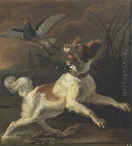 Jagdhund Mit Aufgestobertem Vogel Im Schilf by Abraham Danielsz. Hondius
