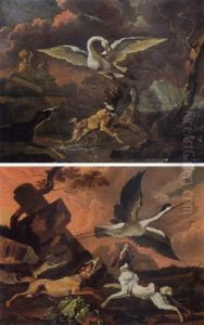 A Swan Being Chased From Her Nest By Three Hounds, In An Evening Landscape