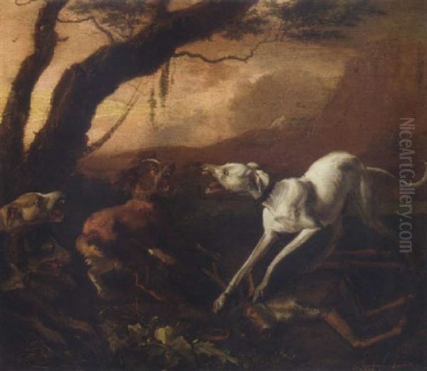 Dogs Fighting Over A Dead Stag In A Landscape - view 1