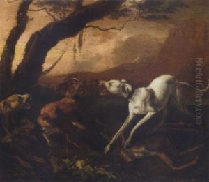 Dogs Fighting Over A Dead Stag In A Landscape by Abraham Danielsz. Hondius