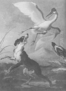 A Crane Being Chased By Two Dogs