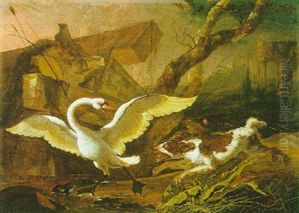 Chien Poursuivant Un Cygne - view 1