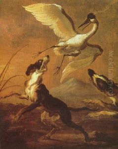 A Crane Chased By Two Dogs by Abraham Danielsz. Hondius