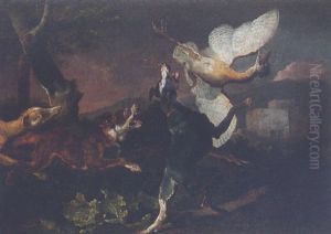 Hounds Attacking A Bittern In Flight by Abraham Danielsz. Hondius