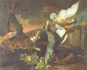Drei Hunde Jagen Eine Schnepfe by Abraham Danielsz. Hondius