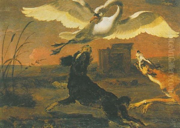 Two Dogs Putting Up A Swan - view 1