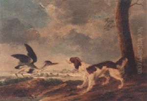 A Spaniel And A Heron In A Landscape