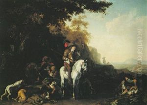 A Wooded Landscape With Huntsmen And Their Animals Resting At A Watering Place A Wooded Landscape With Huntsmen And Their Animals Resting At A Watering Place