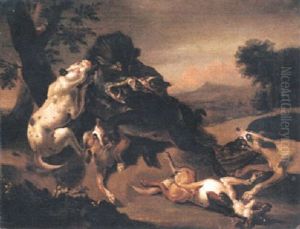 Jaktscen Med Hundar Och Vildsvin