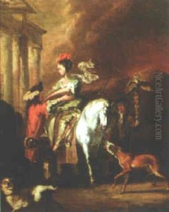 A Hawking Party With A Lady Being Helped Down From Her Horse
