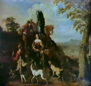 A Falconer And His Companion Resting On A Bank At A Roadside With Their Two Horses, Hounds And A Bag...