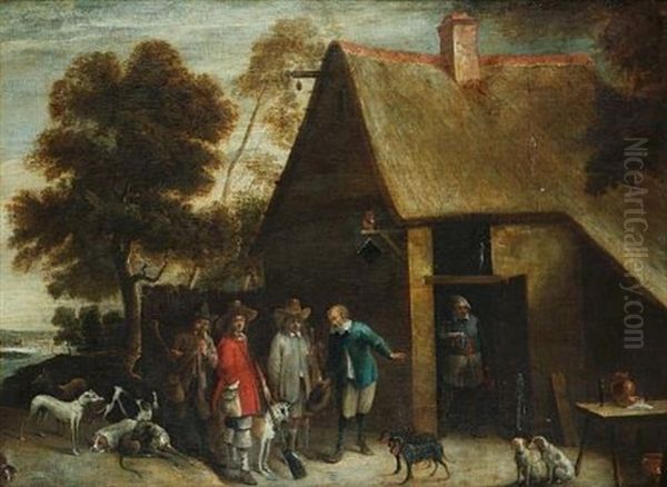 Huntsmen And Their Dogs Gathered Outside A Country Inn - view 1