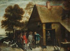 Huntsmen And Their Dogs Gathered Outside A Country Inn
