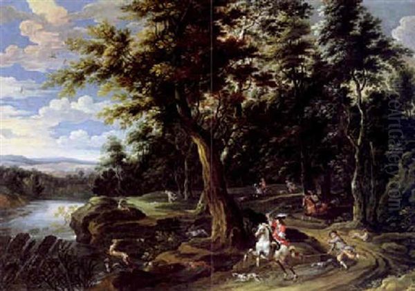 Grose Bewaldete Fluslandschaft Mit Hirschjagd - view 1