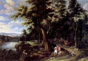 Grose Bewaldete Fluslandschaft Mit Hirschjagd