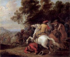 Reitergefecht In Einer Waldlandschaft by Lambert de Hondt