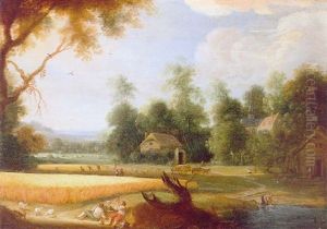 Landschaft Mit Kornfeld Und Rastender Bauern