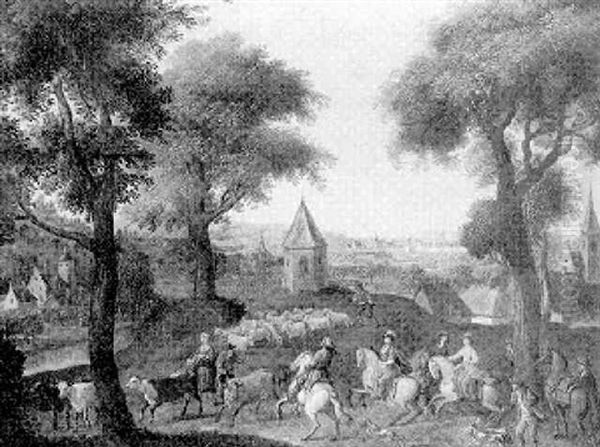 Woodland Path On The Outskirts Of A Town, With Elegant Riders - view 1