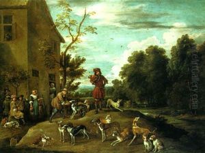 Huntsmen And Hounds In A Landscape by Lambert de Hondt