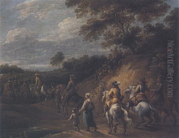 Landscape With Cavaliers And Other Travellers by Lambert de Hondt