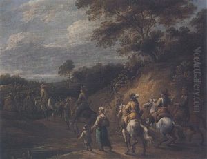 Landscape With Cavaliers And Other Travellers by Lambert de Hondt