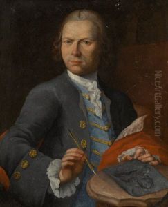 Portrait Of An Artist Holding A Drawing, An Unfinished Canvas Beyond